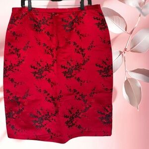VTG DUÉ PER DUÉ COLLECTION | Red Cherry Blossom Silk Blend Midi Pencil Skirt